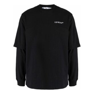 SS22 Tricou cu imprimeu logo, culoare solidă, guler rotund, mâneci lungi, negru