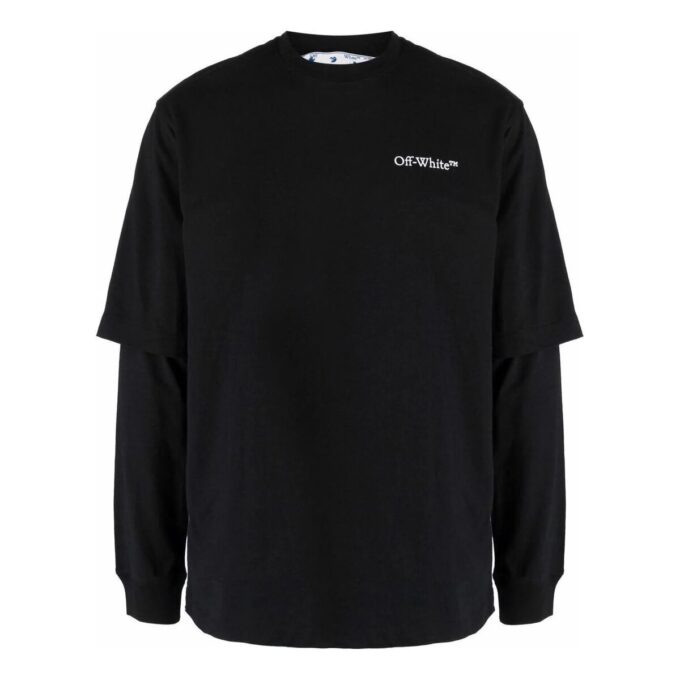 SS22 Tricou cu imprimeu logo, culoare solidă, guler rotund, mâneci lungi, negru