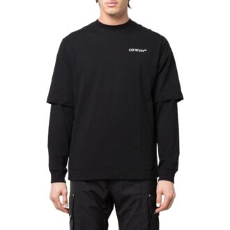 SS22 Tricou cu imprimeu logo, culoare solidă, guler rotund, mâneci lungi, negru