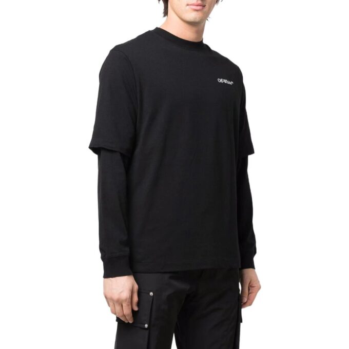 SS22 Tricou cu imprimeu logo, culoare solidă, guler rotund, mâneci lungi, negru