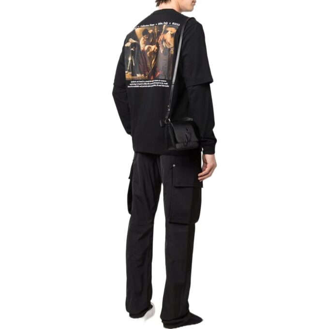 SS22 Tricou cu imprimeu logo, culoare solidă, guler rotund, mâneci lungi, negru