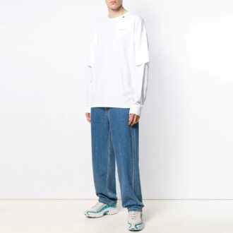 Tricou alb crem cu mâneci lungi și imprimeu cu logo Off-White pentru bărbați, colecția SS21