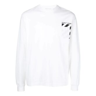 Tricou alb cu guler rotund și mâneci lungi Off-White pentru bărbați, colecția SS22, cu imprimeu cu logo și dungi