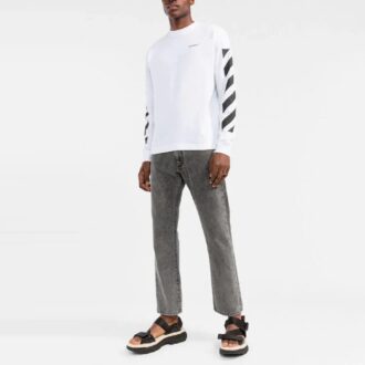 Tricou alb cu guler rotund și mâneci lungi Off-White pentru bărbați FW22 Stripe