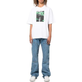 Tricou alb cu guler rotund și mâneci scurte Off-White pentru bărbați, colecția FW22, cu imprimeu alfabetic