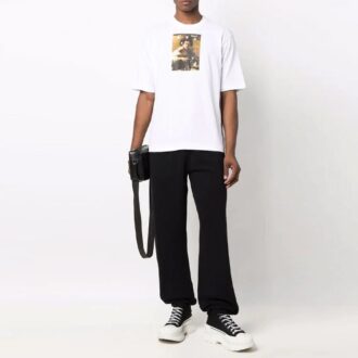Tricou alb cu guler rotund și pantaloni scurți, cu imprimeu, Off-White pentru bărbați, colecția FW21
