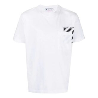 Tricou alb cu guler rotund, mâneci scurte și buzunar cu dungi pe piept pentru bărbați Off-White