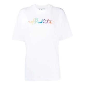Tricou alb cu mâneci scurte, croi slim fit, imprimeu Tomboy Rainbow Logo, Off-White