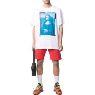 Tricou alb Off-White pentru bărbați, colecția SS22, cu guler rotund și pantaloni scurți, versiune simplă