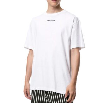Tricou alb Off-White pentru bărbați, cu logo graffiti, guler rotund, mâneci scurte și croială lejeră