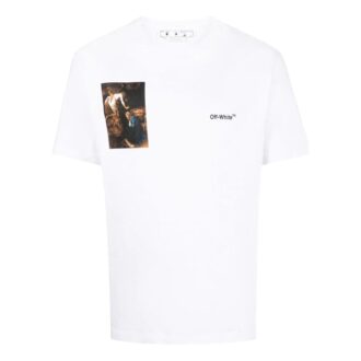 Tricou alb Off-White pentru bărbați FW22 cu imprimeu de personaje, guler rotund și pantaloni scurți, versiune standard