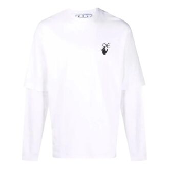 Tricou alb pentru bărbați Off-White cu guler rotund, mâneci lungi și imprimeu cu logo