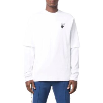 Tricou alb pentru bărbați Off-White cu guler rotund, mâneci lungi și imprimeu cu logo