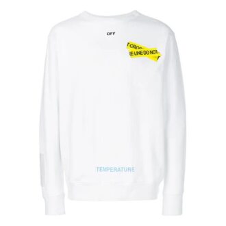 Tricou alb pentru bărbați Off-White cu guler rotund, mâneci lungi și imprimeu pe curea de cauciuc