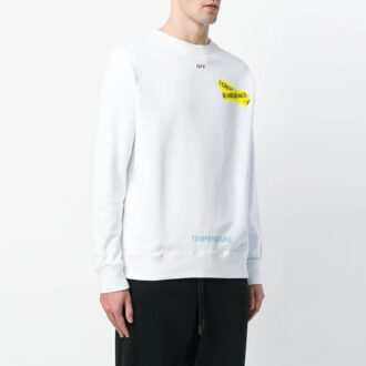 Tricou alb pentru bărbați Off-White cu guler rotund, mâneci lungi și imprimeu pe curea de cauciuc