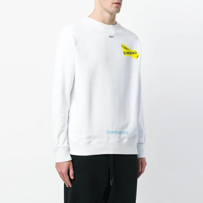 Tricou alb pentru bărbați Off-White cu guler rotund, mâneci lungi și imprimeu pe curea de cauciuc