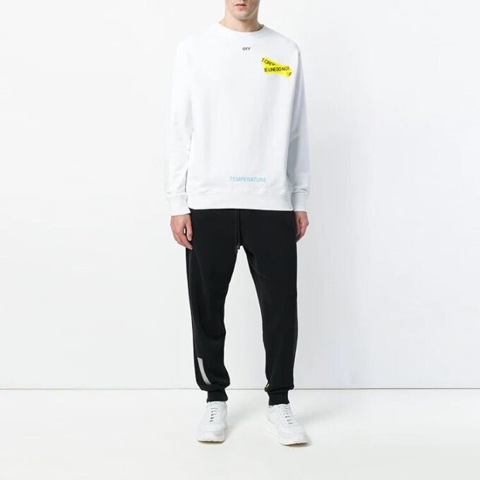 Tricou alb pentru bărbați Off-White cu guler rotund, mâneci lungi și imprimeu pe curea de cauciuc