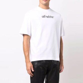Tricou alb pentru bărbați Off-White, cu imprimeu logo, mânecă scurtă, croială lejeră