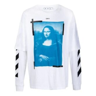 Tricou alb pentru bărbați Off-White cu imprimeu Mona Lisa, guler rotund, mâneci lungi și croială lejeră