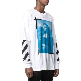 Tricou alb pentru bărbați Off-White cu imprimeu Mona Lisa, guler rotund, mâneci lungi și croială lejeră