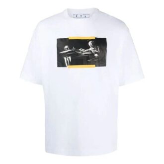 Tricou alb pentru bărbați Off-White FW21 cu imprimeu Caravaggio, guler rotund, mânecă scurtă și croială slim