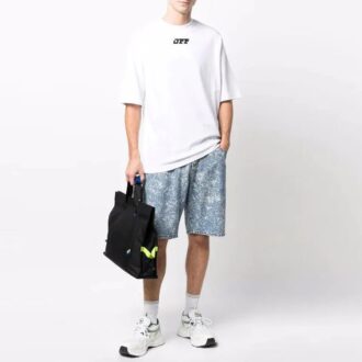 Tricou alb pentru bărbați Off-White FW21 cu logo, guler rotund, pantaloni scurți și croială lejeră