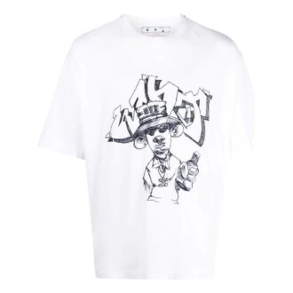 Tricou alb pentru bărbați Off-White FW22 cu imprimeu de desene animate, guler rotund, mâneci scurte și croială lejeră