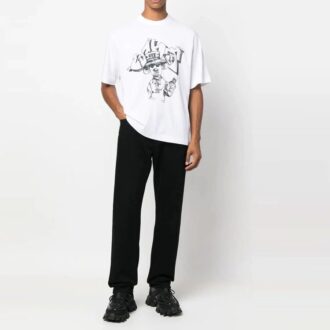 Tricou alb pentru bărbați Off-White FW22 cu imprimeu de desene animate, guler rotund, mâneci scurte și croială lejeră
