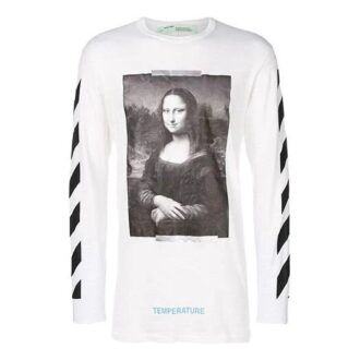 Tricou alb unisex cu mâneci lungi și croială lejeră, cu imprimeu Mona Lisa