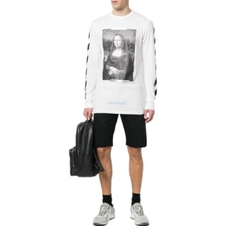 Tricou alb unisex cu mâneci lungi și croială lejeră, cu imprimeu Mona Lisa