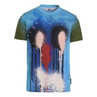 Tricou albastru cu guler rotund și mâneci scurte Off-White pentru bărbați, colecția FW21, cu imprimeu de vopsea spray