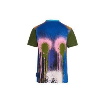 Tricou albastru cu guler rotund și mâneci scurte Off-White pentru bărbați, colecția FW21, cu imprimeu de vopsea spray