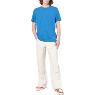Tricou albastru cu guler rotund și mâneci scurte Off-White pentru bărbați, colecția FW22, imprimeu în culori solide