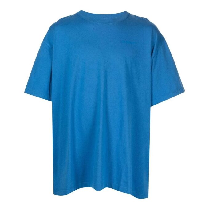 Tricou albastru pentru bărbați Off-White, cu guler rotund, mânecă scurtă, imprimeu logo mare pe spate