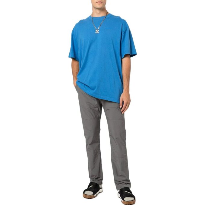 Tricou albastru pentru bărbați Off-White, cu guler rotund, mânecă scurtă, imprimeu logo mare pe spate