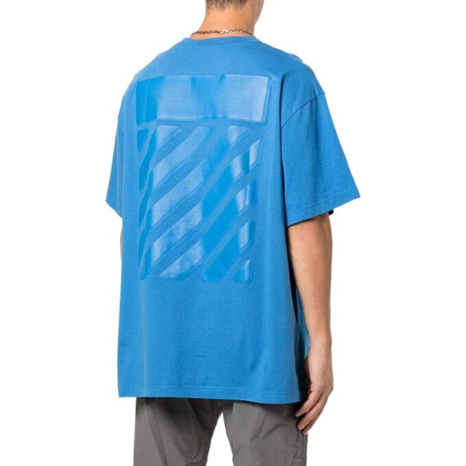 Tricou albastru pentru bărbați Off-White, cu guler rotund, mânecă scurtă, imprimeu logo mare pe spate