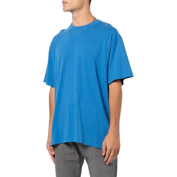 Tricou albastru pentru bărbați Off-White, cu guler rotund, mânecă scurtă, imprimeu logo mare pe spate