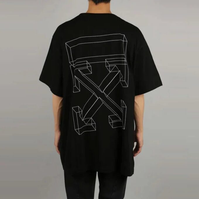 Tricou bărbătesc Off-White c/o Distress negru-gri cu imprimeu 3D de săgeată, mânecă scurtă, croială largă