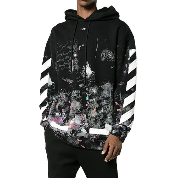 Tricou bărbătesc Off-White din bumbac lejer, negru, cu imprimeu cu dungi diagonale