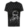 Tricou negru cu guler rotund, mâneci scurte și imprimeu cu model în culori solide