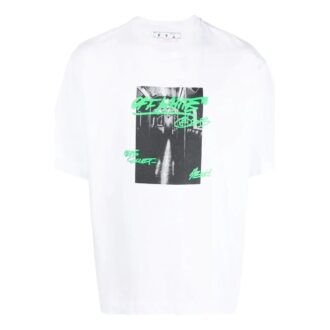 Tricou alb cu guler rotund și mâneci scurte Off-White pentru bărbați, colecția FW22, cu imprimeu alfabetic