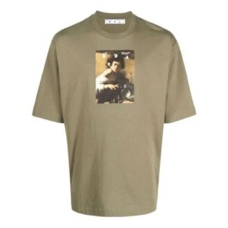 Tricou verde Off-White pentru bărbați, cu imprimeu de personaje, guler rotund, mâneci scurte și croială lejeră