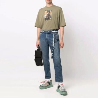 Tricou verde Off-White pentru bărbați, cu imprimeu de personaje, guler rotund, mâneci scurte și croială lejeră